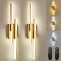 Benkut Modern LED Vanity Lights Set Of 2, Gold Wall Sconce With Remote Control Dimmable Indoor Wall Light Bedside Remote Sconce For Bedroom Bathroom L