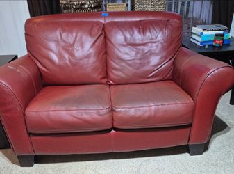 Red Leather Love Seat  & Red Leather Ottoman