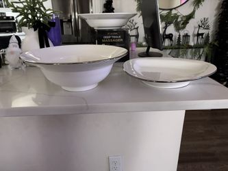Large White With Silver Trim Serving Bowl & Platter 