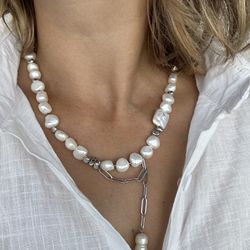NEW Necklace chain and natural white baroque pearl, unisex, man necklace 