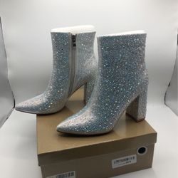 Pinokiss Women’s Sparkly Ankle Boots Block Chunky High Heels Pointy Closed Toe Side Zipper Pull On Diamond Studded Dressy Party Prom Shoes Silver Sz 6
