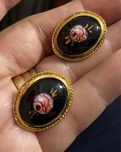 Vintage Clip On Earrings Hand Painted Pink Roses Convex Frame Fillagre Black Background