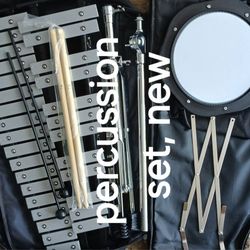 Brand New Percussion Set, Bells, Practice Pad, Stand, Music Rest, Sticks, Mallets And Travel Case 