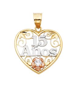 Beautiful solid cubic zirconia heart shape written 15Anos pendant 14K REAL YELLOW, WHITE & ROSE GOLDS. Description⬇️