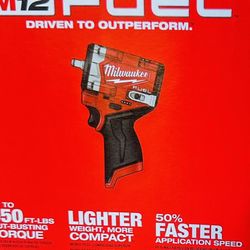 Milwaukee, M12 FUEL 12V Lithium-Ion Brushless Cordless Stubby 3/8 in. Impact Wrench, Plus 1-m12 RedLithium XC4.0