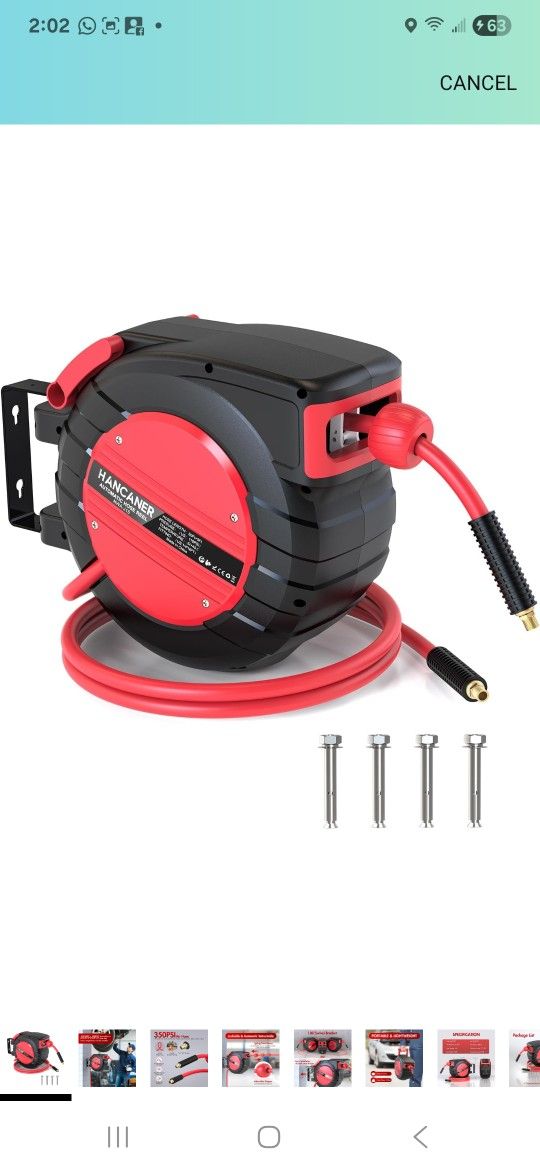 Hancaner Retractable Air Hose Reel, 3/8 IN x 50 FT Hybrid Hose Air Max 350 PSI, Air Compressor Hose Reel with 5 FT Lead in, 180° Swivel Mount