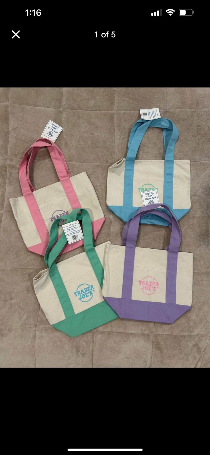 Trader Joe’s Mini Pastel Canvas Tote Bag Set Of 4 Colors Limited (New With Tag)