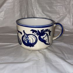 Vintage Japan Soup Mug White With Blue Stylized Vegetables