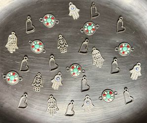 Various Charms, Pendants, Connectors for Jewelry Making (Hamsa, Hearts)