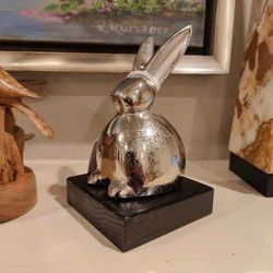 Silver Bunny Sculpture and Ebonized Oak Base