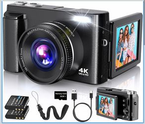 4K Digital Camera for Photography Autofocus, 2026 Latest 48MP Vlogging Camera for YouTube with SD Card, 2 Batteries, 3" 180°Flip Screen Compact Travel
