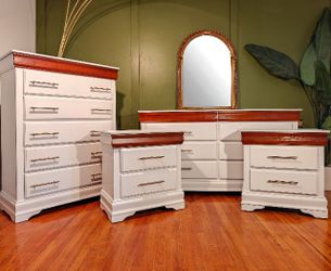 Boho Farmhouse Bedroom Set – 4-Piece Stark White Collection – Dresser, Chest & 2 Nightstands