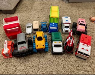 Large Lot of Toy Vehicles – Monster Trucks, Fire Trucks, Dump Truck & More