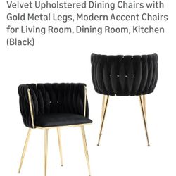 Woven Dining Chairs Set Of 2,Velvet Upholstered  Dining Chairs With Gold Metal Legs,  Modern Accent Chairs For Living Room, Dining Room,  Kitchen,  Bl