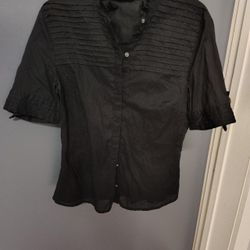 The Limited Ruffle Collar V-Neck Short-Sleeve Button-Up Blouse 