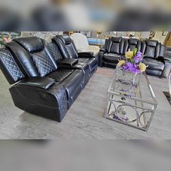 2PC Black Leather power recliner sofa and loveseat with LED USB wireless chargers