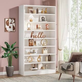 Eulas 71 in. Tall White Wood 9 Tier Standard Bookcase with Interior Shelves, Open Display Bookshelf