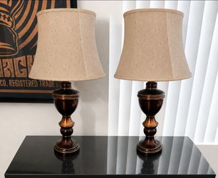 Pair of Bronze Table Lamps with Beige Shades