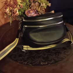 Black FAUX Leather Cross-body Bag With Silver Accessories 