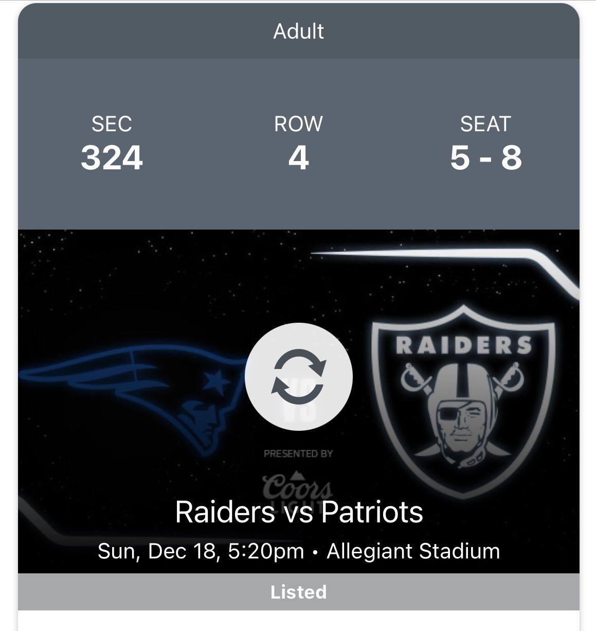 Raiders vs Patriots 4 Tickets
