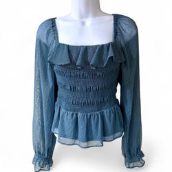 LC Lauren Conrad Blue Polka Dot Smocked Ruffle Babydoll Top Women's M New