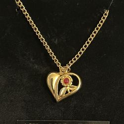 NEW 18kt Gold Tone Heart Pendant w/ Ruby Colored Stone & Chain