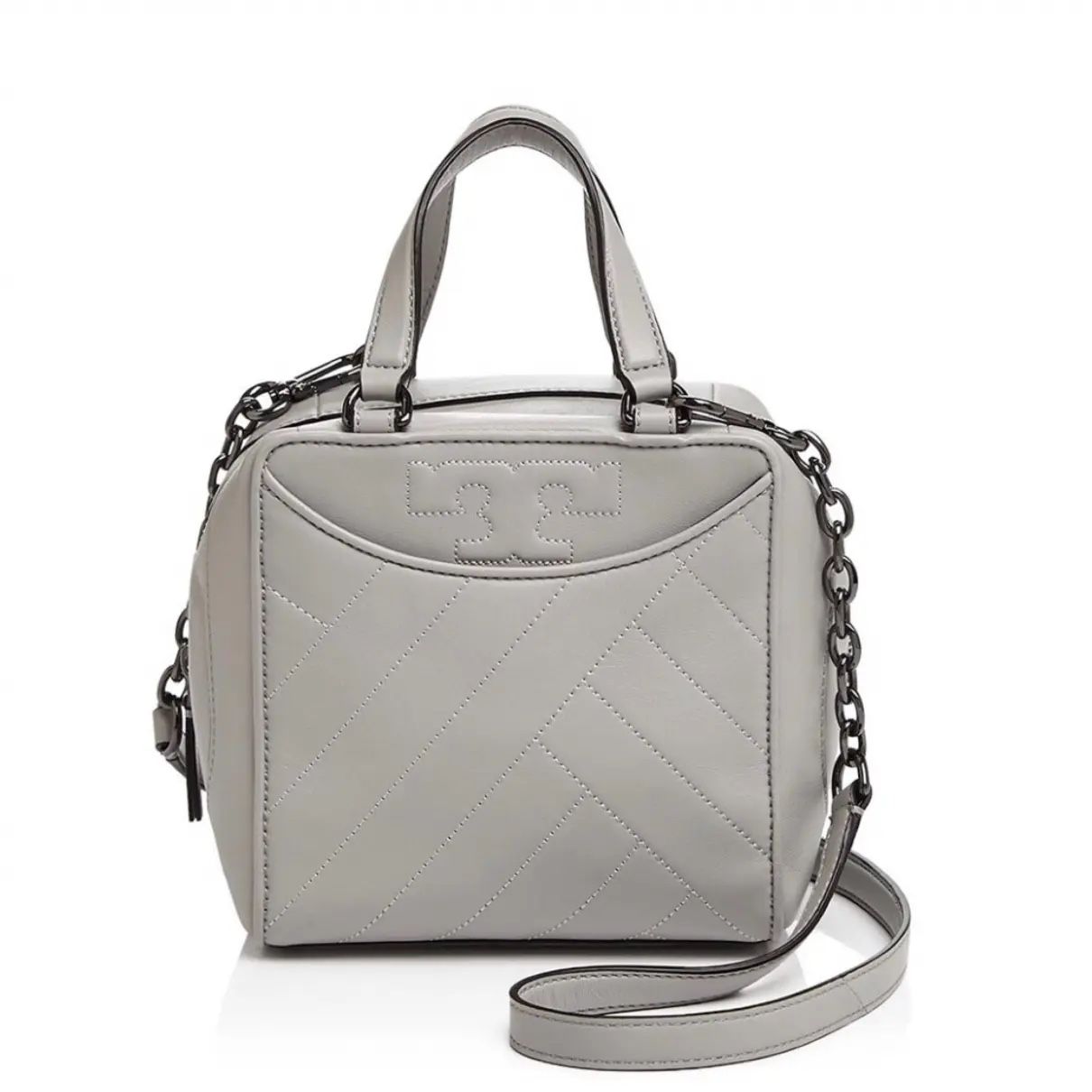 Tory Burch Alexa Grey Lamb Leather Quilted Boxy Satchel Crossbody Bag
