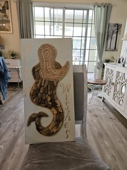 31h 14w Mermaid W Rope Hair Driftwood Body COSSTAL  HAD IN COVERED PATIO STILL  GOOD SHAPE 35 OBO