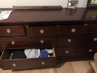 Queen size bed with mattress, desk, With Glass On Top, long dresser, high dresser, and nightstand