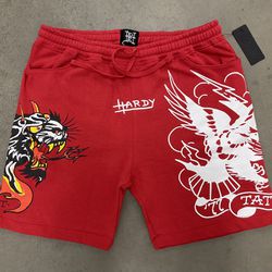 NEW With tags. Ed Hardy Hellcat Tattoo Fleece Red Shorts - Men’s Size Medium