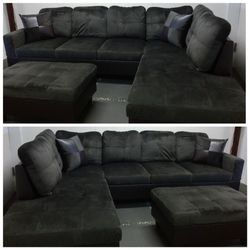Brand New Charcoal Grey Microfiber Sectional With Storage Ottoman 