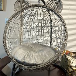 Cat Swing Bed with Stand & Cushion – Gray (Rattan Wicker Style)