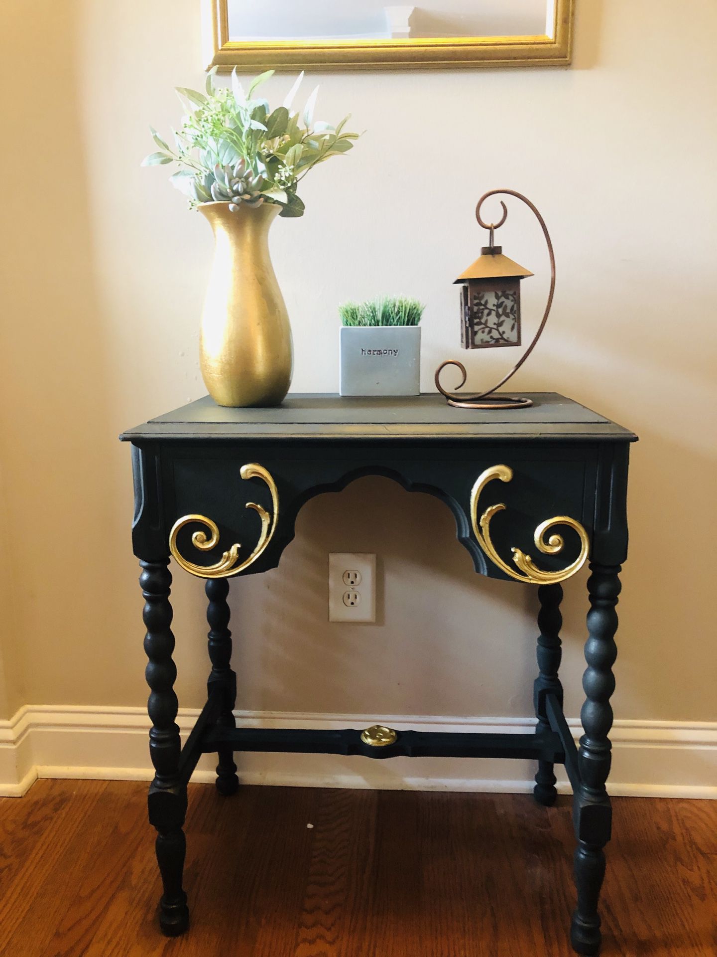 Hand painted Antique end/foyer table in Graphite and Gold.