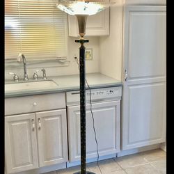 1940s Metal / Glass Torchiere Floor Lamp Asian Motif Gold Accents