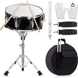 14 inch Snare Drum Set with Gig Bag, a pair Sticks,drum Stand and Drum Keys,a pair practice gloves for Students,Beginners (14'', Black)