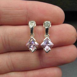 Sterling Silver Pink Well Cut CZ And Diamond Chip Earrings Vintage