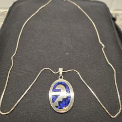 925 Sterling Silver Pendant With Blue Agate Stone Inlay