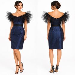 Max Azria “Ink” Cocktail Dress – New With Tags Tulle Off The Shoulder Blue Black