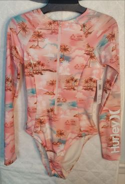 NWT Hurley Long Sleeve One Piece Rash Guard Swimsuit Pink Tropical Sunset Size M