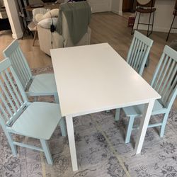 Dining Room Table and 4 Chairs, White and Mint Blue