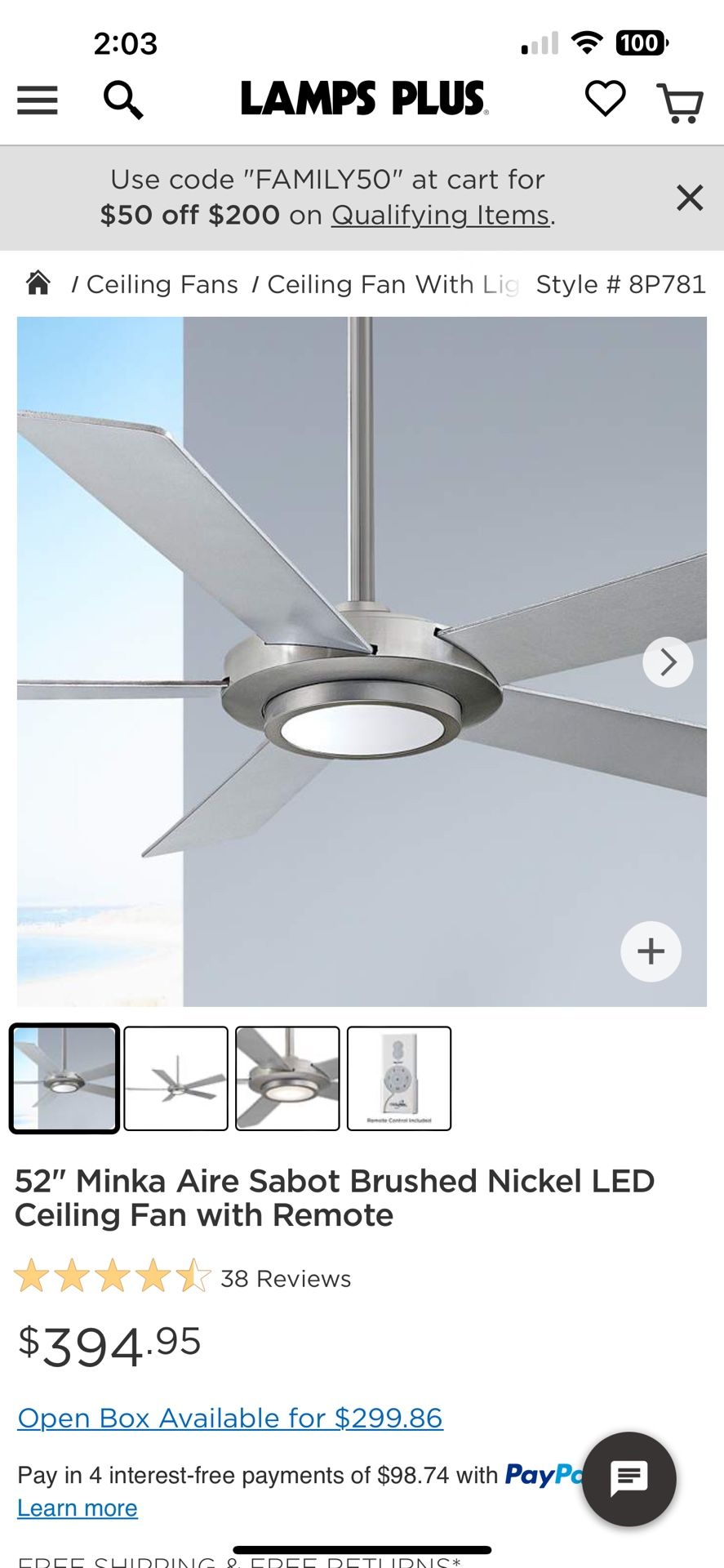 52" Minka Aire Sabot Brushed Nickel LED Ceiling Fan with Remote (2 fans)