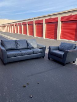 Gunmetal Blue Leather Sofa & Chair - DELIVERY AVAILABLE