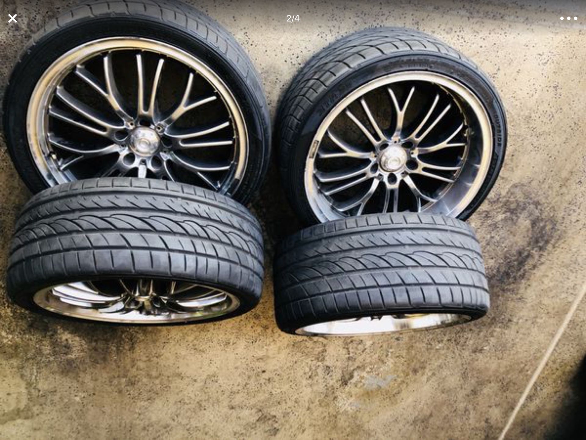 19’ Konig on sunomoto tires all around. 5x114.3 fronts are 245/35/19, rears are 285/30/19. Tires are 90% comes with custom lugs.