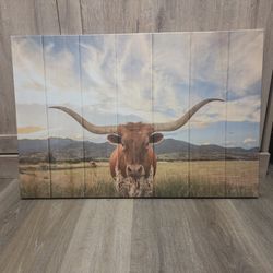 Longhorn Cow Canvas Wall Art - 24" X 36" Picture On Canvas Wood Frame Western Home Decor