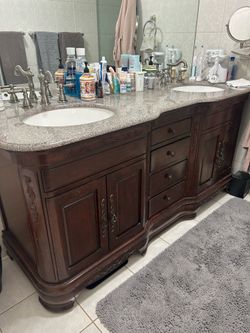 72” long bathroom vanity double sink dark brown with grey top and white sinks