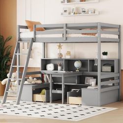 Grey Twin Size Loft Bed with Storage Desk