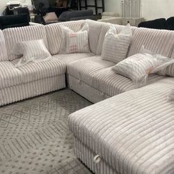 New Soft Corduroy Sectional W Pullout Bed / Chaise Storage.  123x98x66x38H.  Free Delivery!
