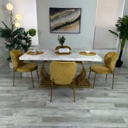 DINING TABLE WITH 4 VELVET MUSTARD - FREE DELIVERY