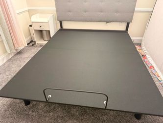 Queen Size Platform Bed Frame + Separate Upholstered Headboard (Gray)