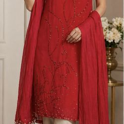 Red Embroidered Kurta with Dupatta Elegant Festive Party Tunic Set